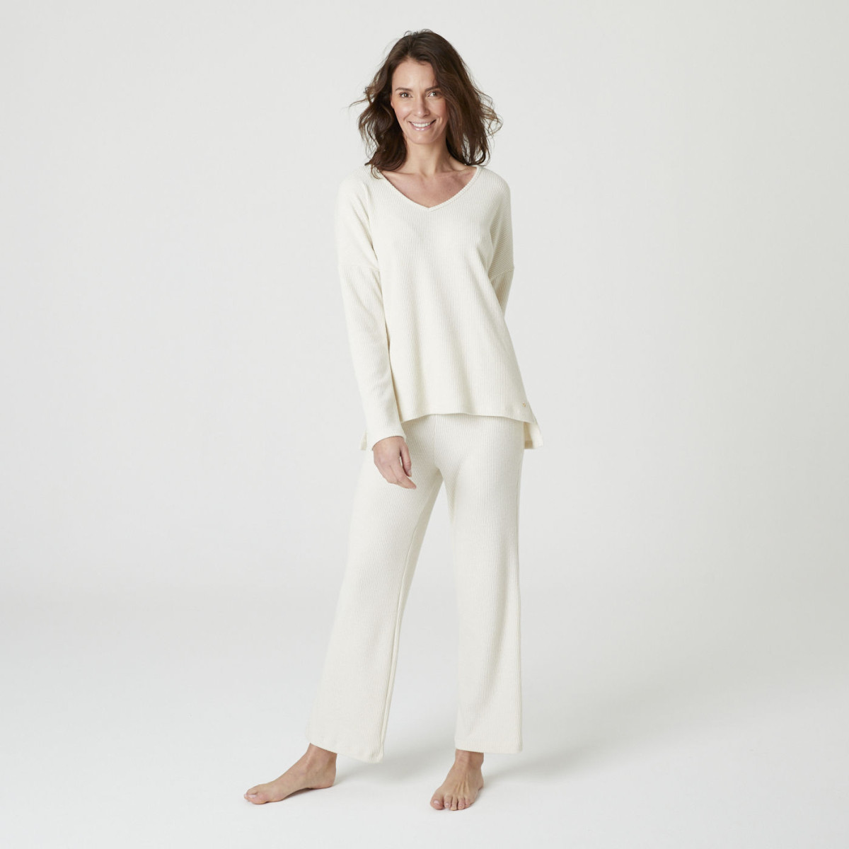 Pyjama long a côtes col V fabrication française- Femme | Kindy