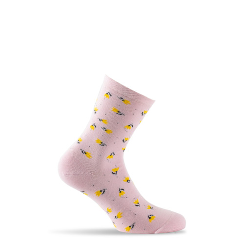 Mi-chaussettes femme motif de fleurs fabriquées en France. Coloris rose.