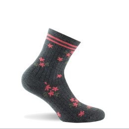 Mi-chaussettes femme en coton motif fleurs  fabriquées en France coloris gris.